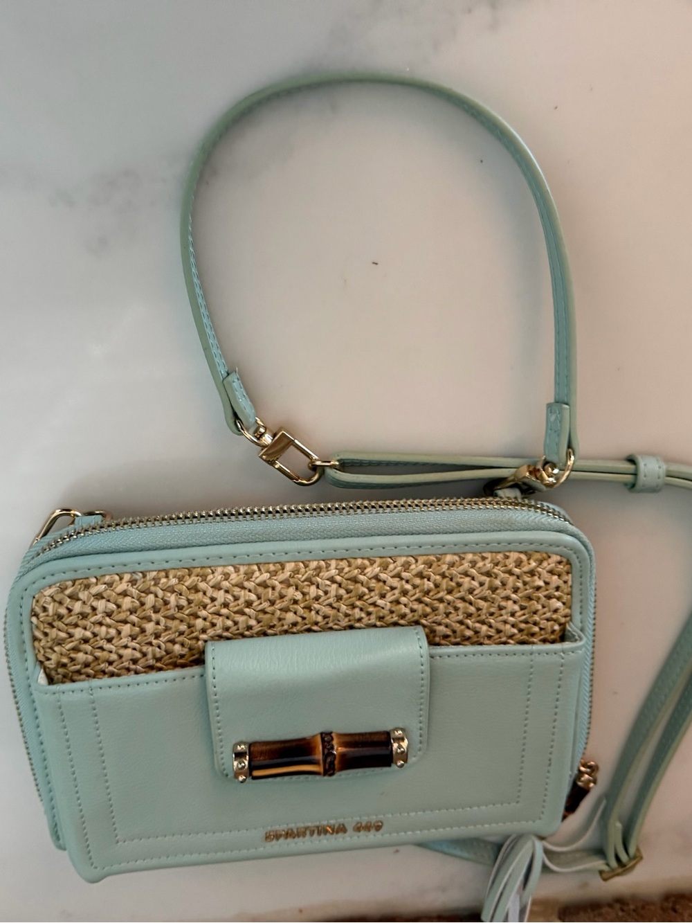 Spartina 449 Mint Green Straw-Trim Crossbody Wallet Bag - Picture 6 of 9